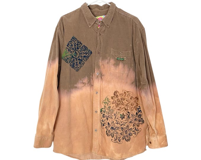 Upcycled Corduroy Grunge Shirt Shacket Womens Size Large Hand Painted Ombre Floral Free Shipping