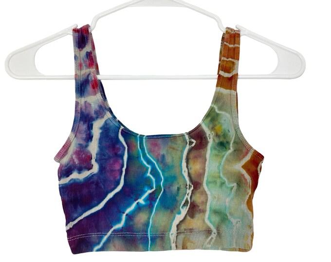 Handmade Geode Tie Dye Ribbed Tank Top Cropped Womens Size XS Shirt Multi Green Upcycled Free Shipping