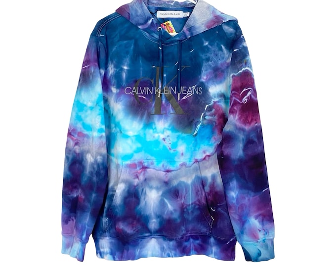 Handmade Tie Dye Hoodie Sweatshirt Mens Size XL Blue Turquoise Pocket Pullover Hand Dyed One Of A Kind Free Shipping