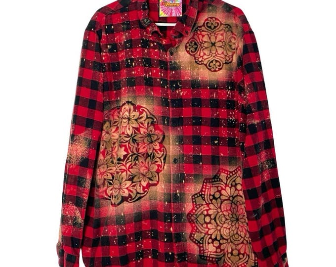 Upcycled Flannel Shirt Mens Size 2XL Unisex Red Black Buffalo Plaid Floral 2X