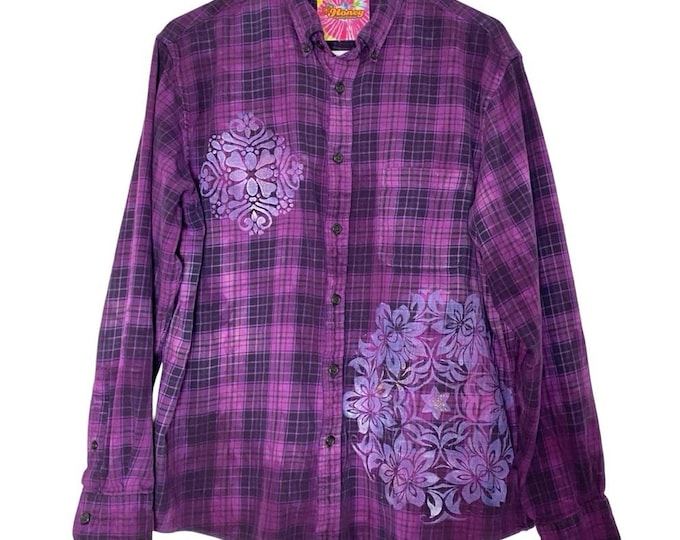 Tie Dye Floral Flannel Shirt Unisex Large Mens Purple Handmade Plaid Button Down