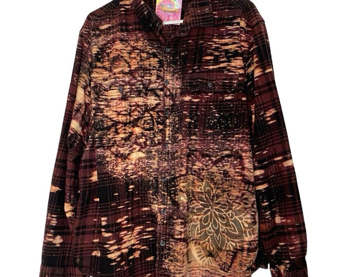 Handmade Floral Flannel Shirt Mens Size 2XL Bleached Plaid Button Down 2X XXL