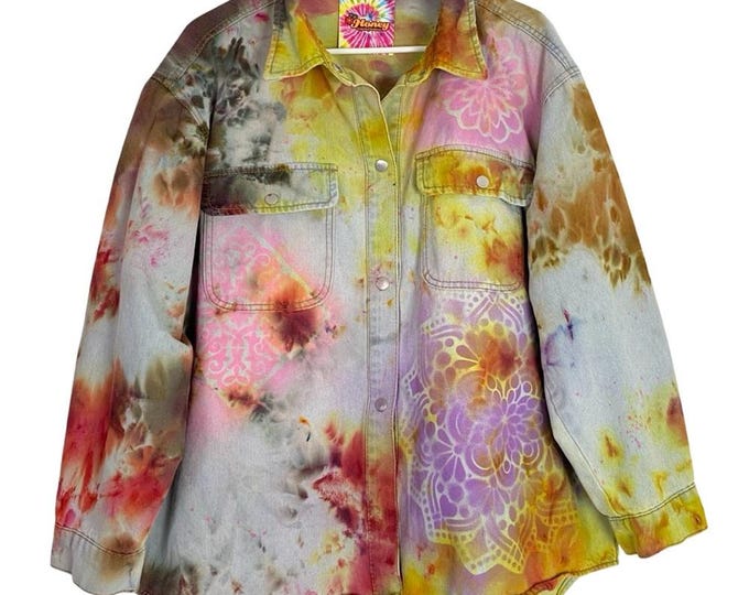 Custom Tie Dye Jean Shirt Jacket Shacket Womens Size Large Colorful Floral Denim