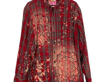 Handmade Bleached Floral Flannel Shirt, XL/XXL Upcycled Plaid