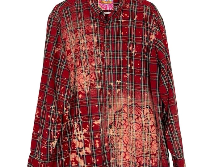Handmade Floral Flannel Shirt Unisex Size XL XXL Bleached Plaid Button Down Red Free Shipping