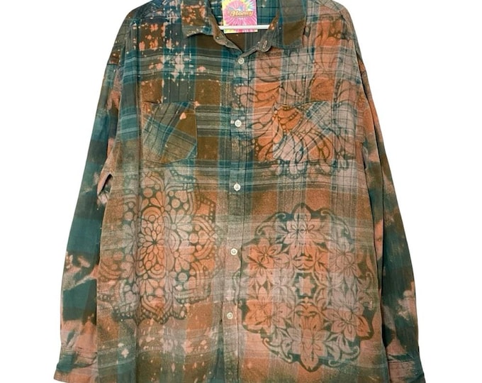 Handmade Floral Flannel Shirt Mens Size Large XL Bleached Plaid Button Down