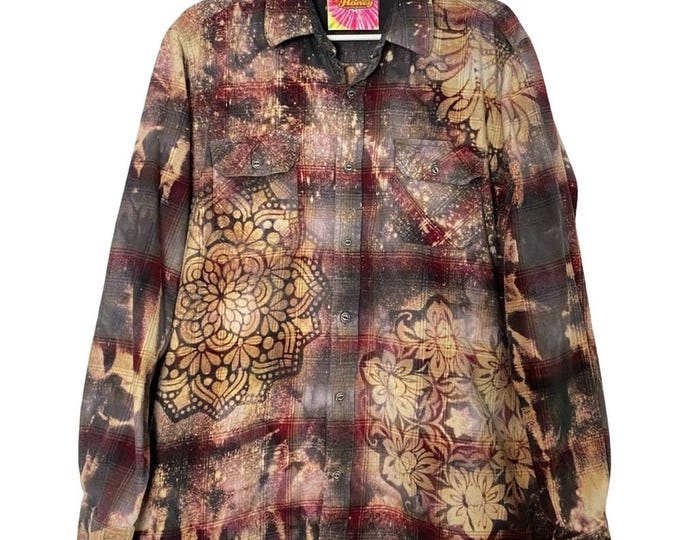 Handmade Floral Flannel Shirt Mens Size XL Unisex Bleached Plaid Button Down Remade Upcycled