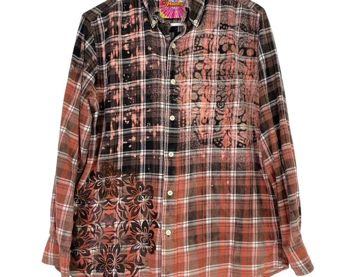 Handmade Floral Flannel Shirt Mens Size Medium Unisex Bleached Plaid Button Down Free Shipping