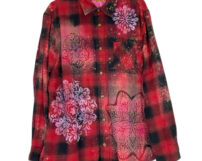 Handmade Floral Flannel Shirt Mens Size XL Unisex Bleached Plaid Button Down Red Free Shipping