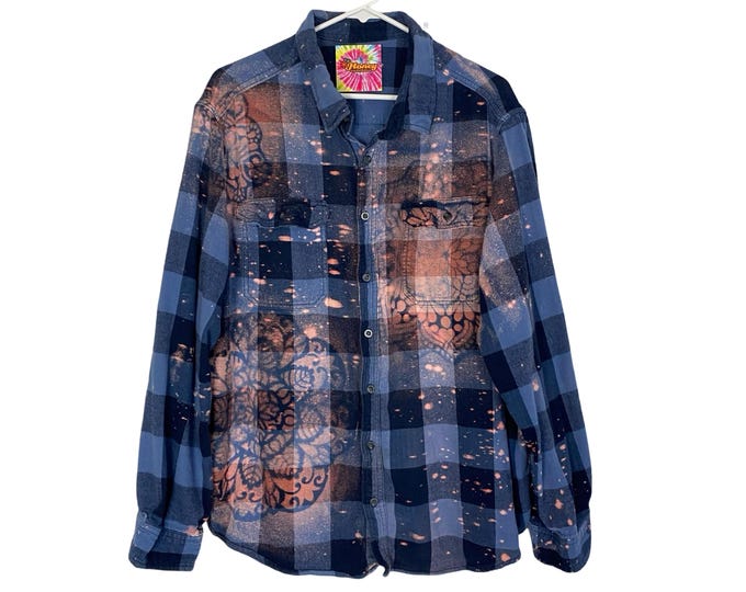 Handmade Floral Flannel Shirt Womens Plus Size XXL Bleached Plaid Button Down Free Shipping