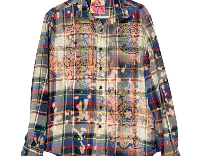 Upcycled Bleached Flannel Shirt Mens Size Medium Unisex Colorful Handmade Floral