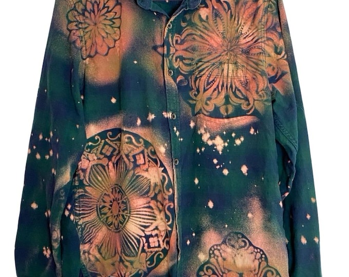 Custom Mandala Flannel Bleached Shirt Womens Size Large Upcycled Blue Green OOAK