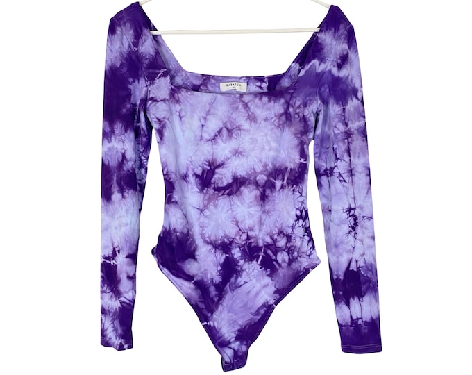 Tie Dye Bodysuit Womens Size Medium Purple Long Sleeves Square Neckline Free Shipping