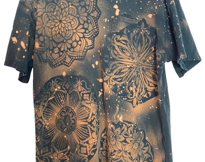 Upcycled Tee Tshirt Mens Size XL Unisex Custom Floral Mandala Black Shirt