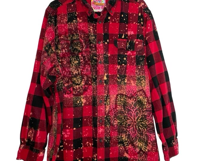 Handmade Floral Flannel Shirt Mens Size 2XL Red Black Bleached Plaid Button Down