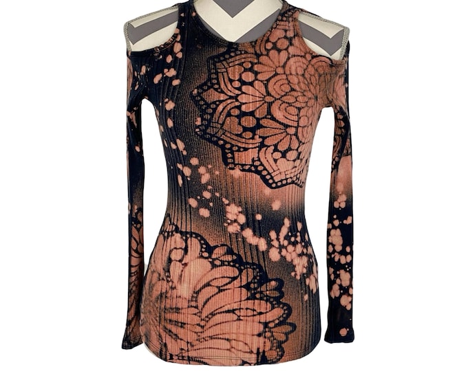 Handmade Cold Shoulder Top Women Small Floral Mandala Stencil Shirt Black RIbbed Stretch Upcycled Wearable Art One Of A Kind Free Shipping