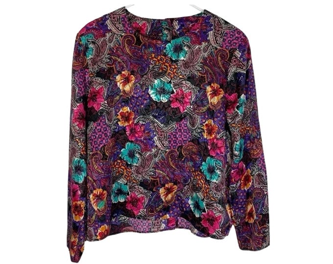 Vintage 90s Floral Blouse 14 XL Satin Long Sleeve Granny Paisley Shoulder Pads Free Shipping