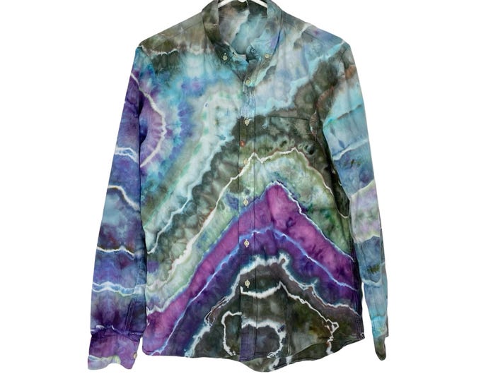 Handmade Geode Tie Dye Button Down Shirt Top Women’s Small Green Blue Upcycled Free People