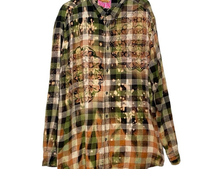 Handmade Floral Flannel Shirt Mens Size XXL Unisex Bleached Plaid Button Down 2X