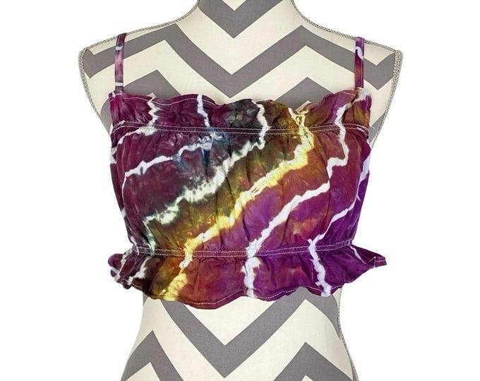 Handmade Geode Tie Dye Tank Top Womens Size Small Cropped Shirt Ruffle Pink Tan