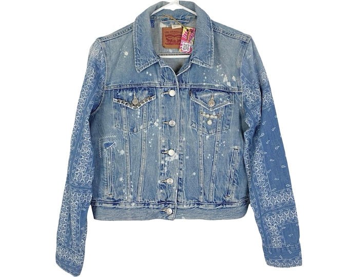 Levis Jean Jacket Womens Medium Large Cropped Upcycled Distressed Blue Handmade Levi's Trucker Free Shipping