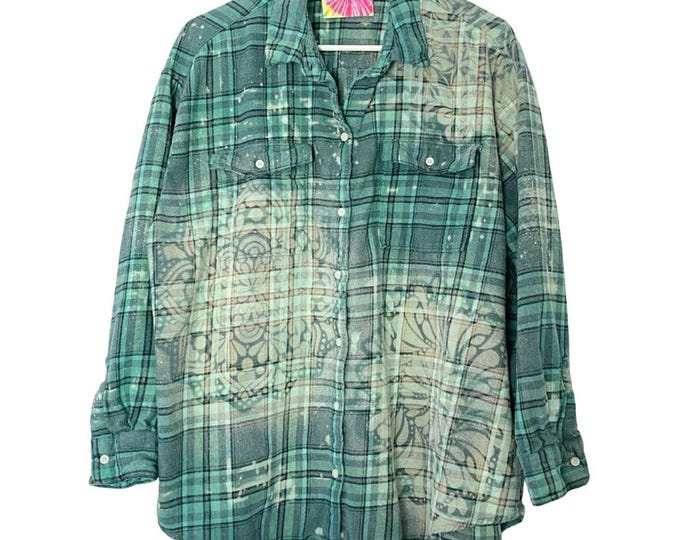Upcycled Floral Flannel Shirt Womens Size Large XL Petite Plaid Boho Handmade