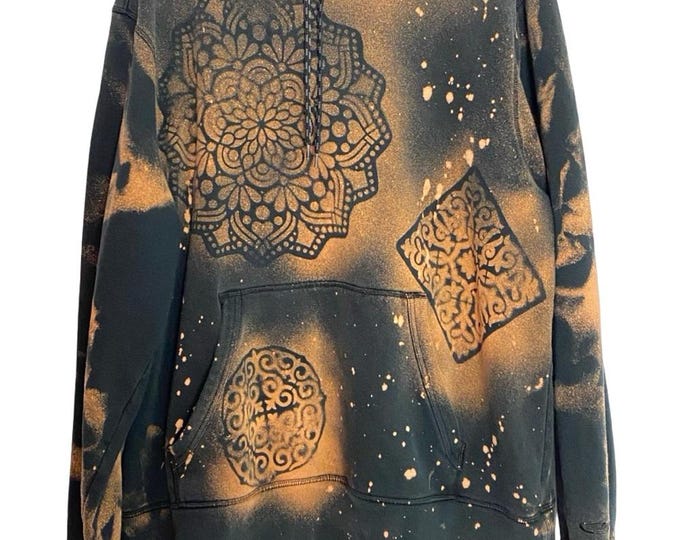 Custom Tie Dye Hoodie Sweatshirt Pullover Mens Unisex Size XL Black Front Pocket Floral Mandala OOAK