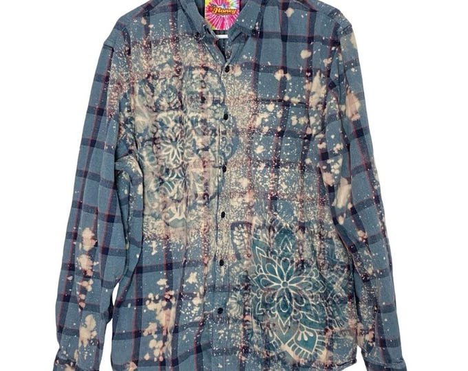 Upcycled Floral Flannel Shirt Mens Size XL Bleached Plaid Button Down Handmade