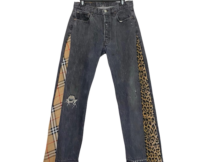 Vintage 80s Levi’s 501 - 0658 Custom Jeans Waist 29 Women Size 6 8 Leopard Plaid Rare Handmade Upcycled Free Shipping