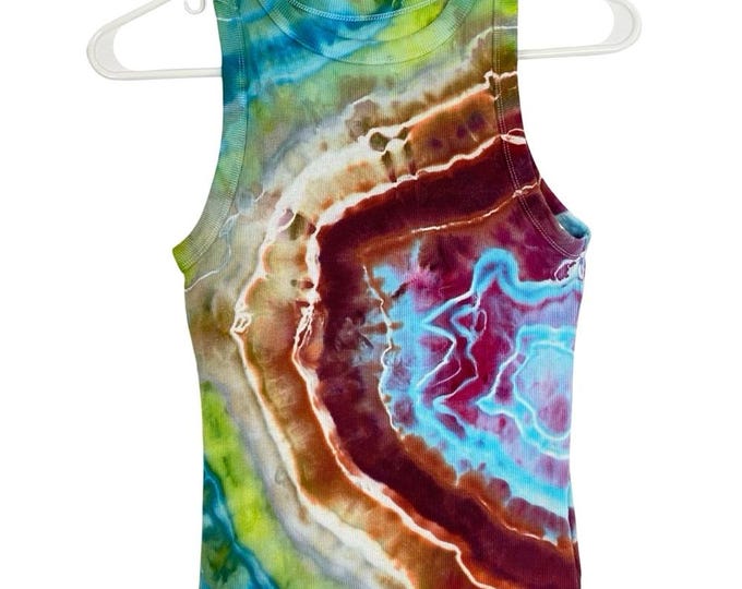 Handmade Geode Tie Dye Ribbed Tank Top Womens Size Small Hand Dyed Rainbow Multi