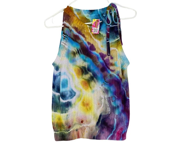 Handmade Geode Tie Dye Sweater Pullover Women Small Sleeveless Colorful Upcycled Ribbed Cotton Free Shipping