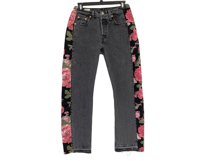 Levi’s 501 Custom Jeans Waist 26 - 27 Vintage Rose Womens Size 2 XS 4 Small Levis Black Rare Unique Wearable Art Free Shipping