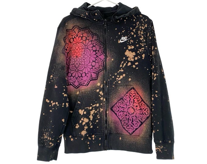 Upcycled Hoodie Sweatshirt Mens Size Small Unisex Full Zip Up Jacket Mandala Stencil Black Pink Free Shipping