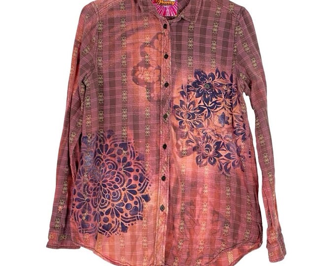 Handmade Floral Flannel Shirt Womens Size Small Bleached Plaid Button Down Pink Free Shipping