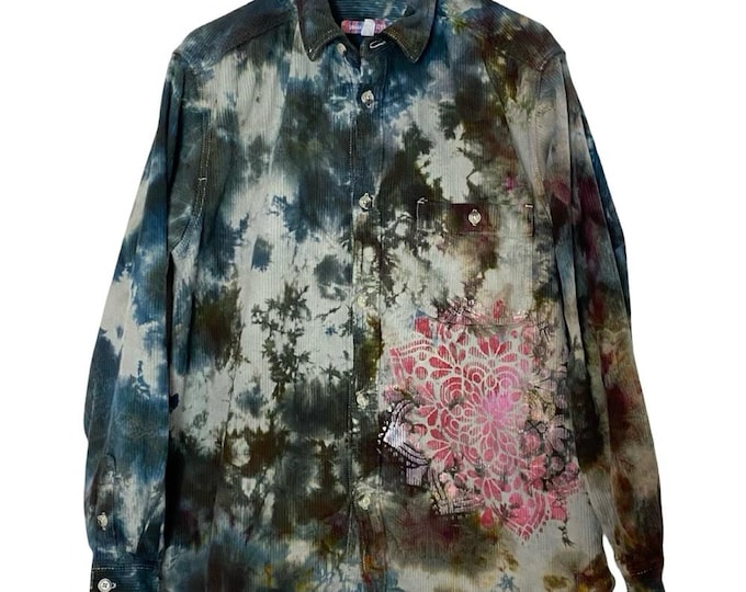 Upcycled Corduroy Shirt Shacket Mens Size Small Unisex Grunge Tie Dye Floral