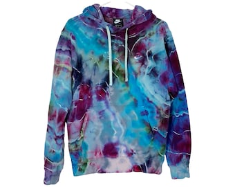 Upcycled Geode Tie Dye Hoodie Sweatshirt Pullover Mens Size Small Unisex Turquoise Blue Pink Front Pocket Hooded Wearable Art Free Shipping
