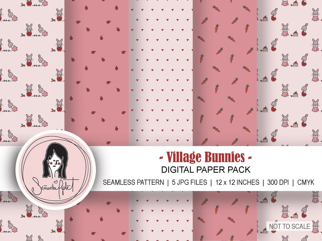 Village Bunnies Digital Papers, Seamless Pattern Commercial Use, Rabbit ...