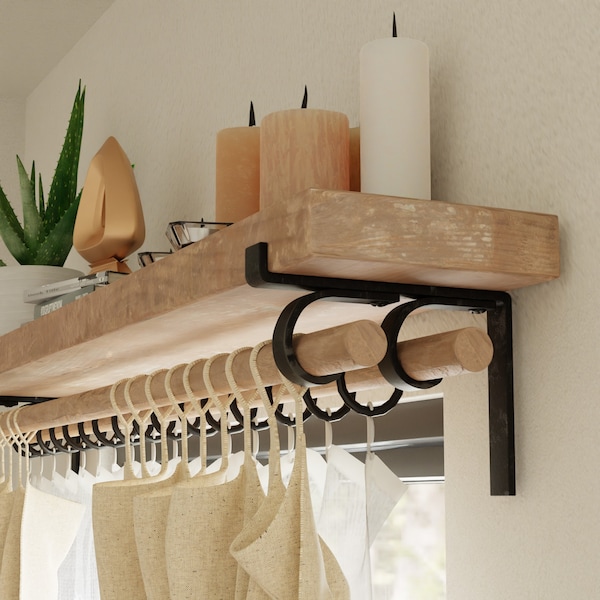 Plankbeugel met dubbele gordijnroedehouder, AFZONDERLIJK VERKOCHT, plank en gordijnhaak, draperiebeslag, gordijnroede en kruisbloem