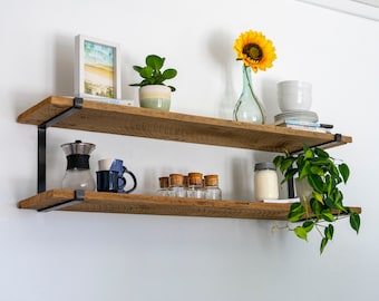 Rustic Double Shelf, Farmhouse Kitchen Shelving Unit,  Reclaimed Antique Rustic Shelves, Floating Double Shelf, Modern Industrial With Lip