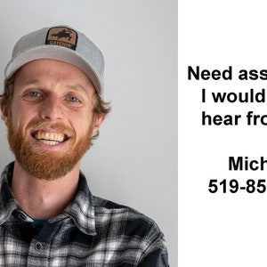 May include: A smiling man wearing a grey plaid shirt and a grey baseball cap with a brown logo that says "CATSPIN". The text "Need assistance? I would love to hear from you. Micha @ 519-852-7536" is on the right side of the image.
