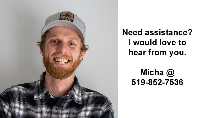May include: A smiling man wearing a grey plaid shirt and a grey baseball cap with a brown logo that says "CATSPIN". The text "Need assistance? I would love to hear from you. Micha @ 519-852-7536" is on the right side of the image.