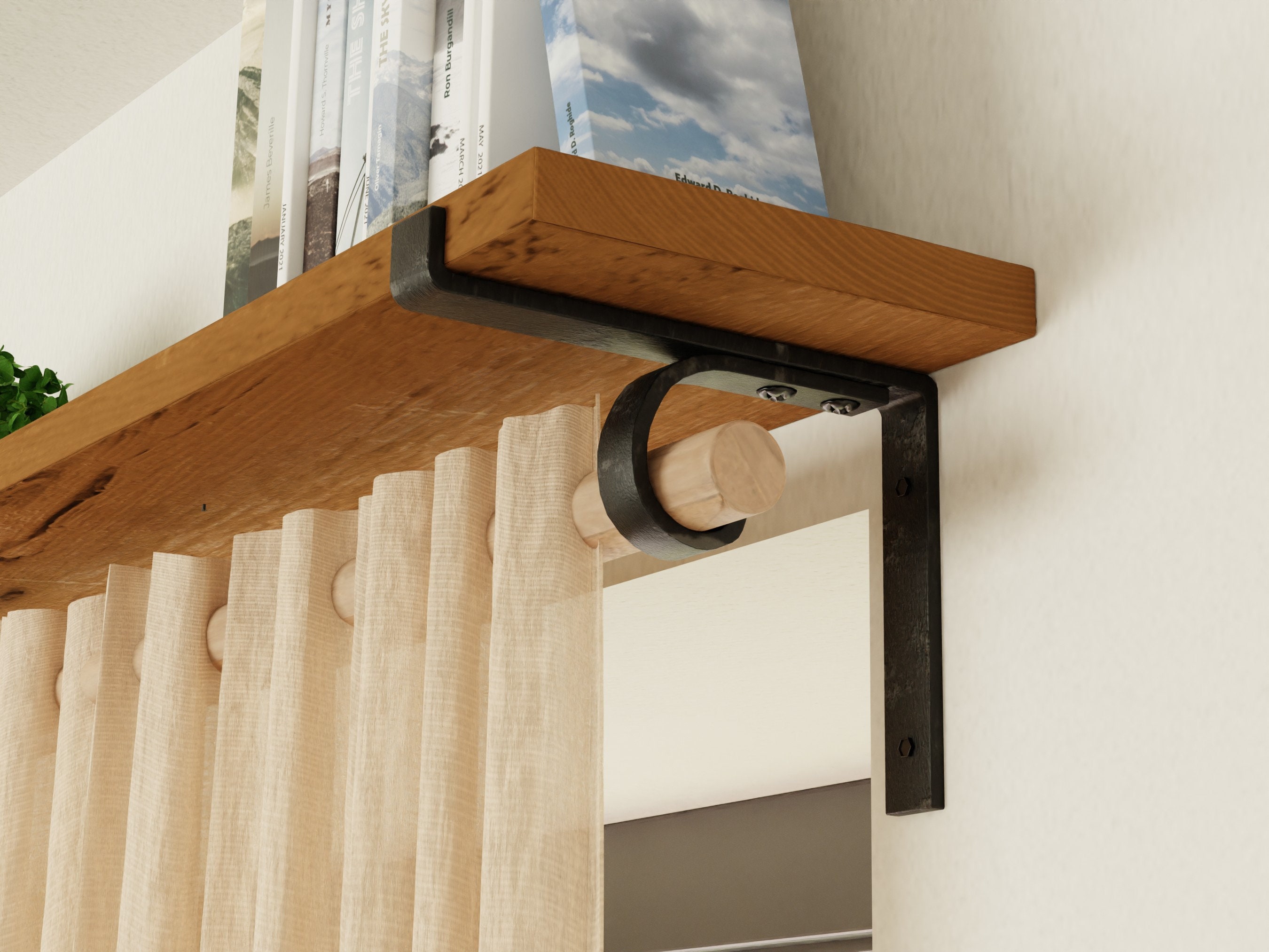 Curtain rod holder Brackets with Reclaimed Shelf and Rod unit,  Shelf and Curtain Hook, Drapery Hardware, Curtain Rod and Finial