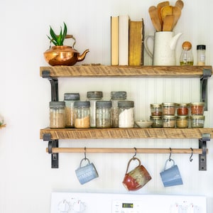 Kitchen Shelf + Brackets with Rod,  hanging Mugs, Reclaimed Shelf, Modern Farmhouse, Kitchen Reno, Open Shelving, Rustic