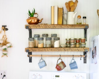 Kitchen Shelf + Brackets with Rod,  hanging Mugs, Reclaimed Shelf, Modern Farmhouse, Kitchen Reno, Open Shelving, Rustic