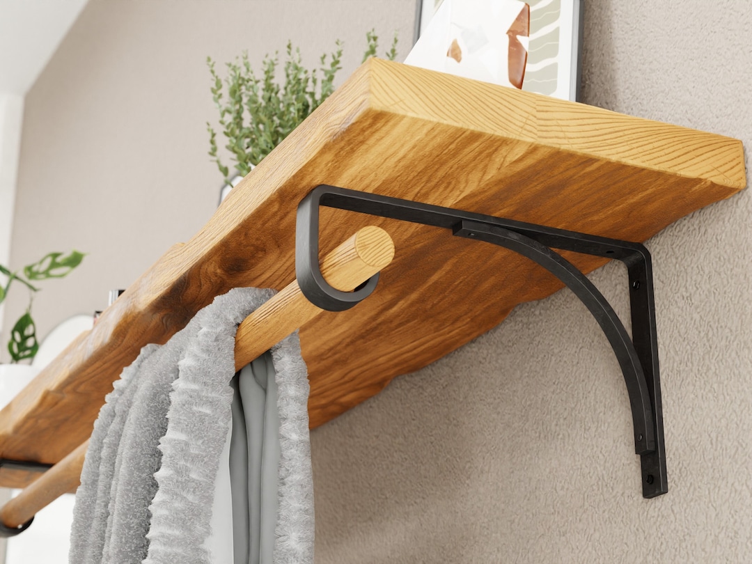 Rustic Wood & Metal Wall Mounted Towel Bar/Hanging Rod Unit for