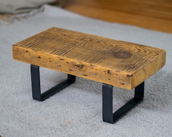 Primitive Display Bench, Vintage Stool, Antique Reclaimed Wood Furniture, Rustic Steel Coffee Table, End Table Leg, Farmhouse Plant Table