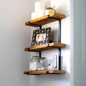 Triple Shelf Brackets with Reclaimed Wood, Custom Antique Lumber Shelves, Farmhouse Floating Shelf, Rustic Kitchen, Bathroom Shelves