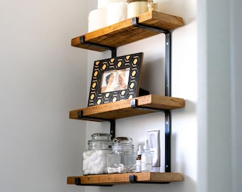 Triple Shelf Brackets with Reclaimed Wood, Custom Antique Lumber Shelves, Farmhouse Floating Shelf, Rustic Kitchen, Bathroom Shelves