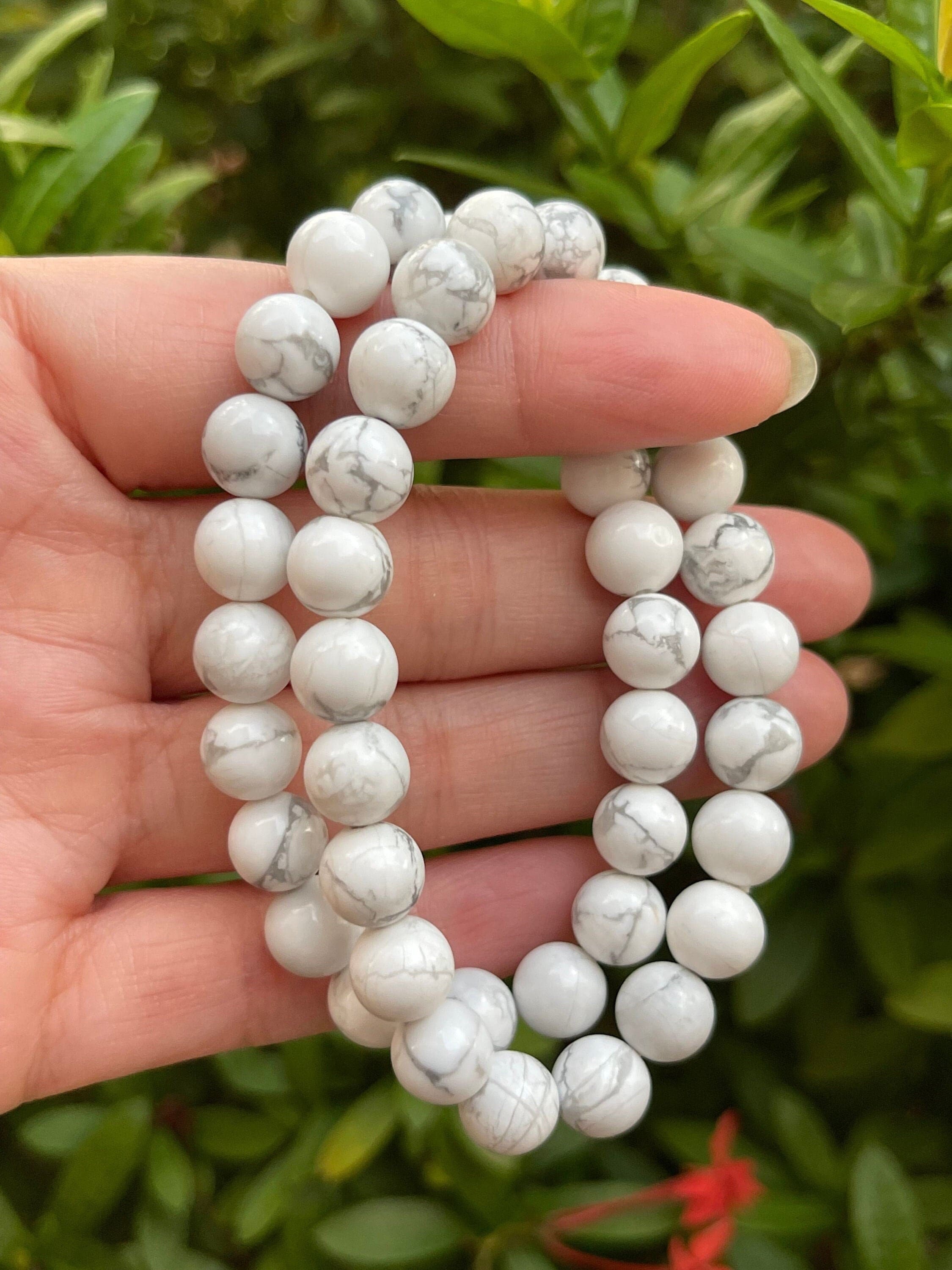 White Marble Howlite Stone Bead Bracelet with Silver Bar and