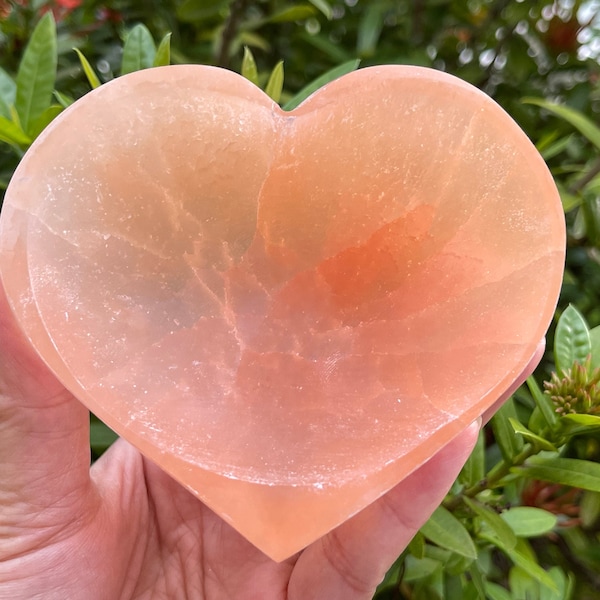 Selenite Heart Bowl Orange, 4" Orange Selenite Heart Shaped Dish Bowl, Crystal Cleansing Charging Peach Gemstone Bowl, Bulk Lot